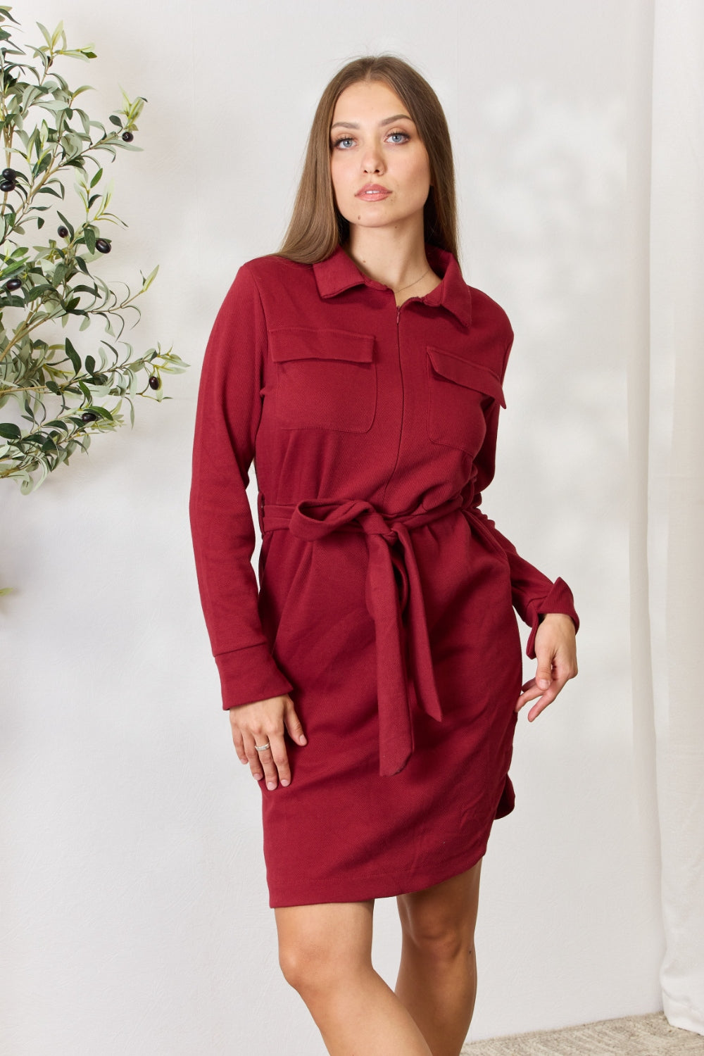 FINAL SALE- Culture Code Full Size Tie Front Half Zip Long Sleeve Shirt Dress