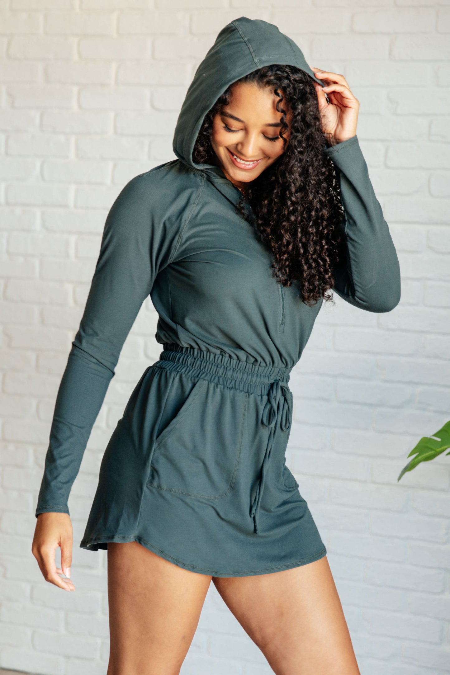 Rae Mode Getting Out Long Sleeve Hoodie Romper in Smoked Spruce