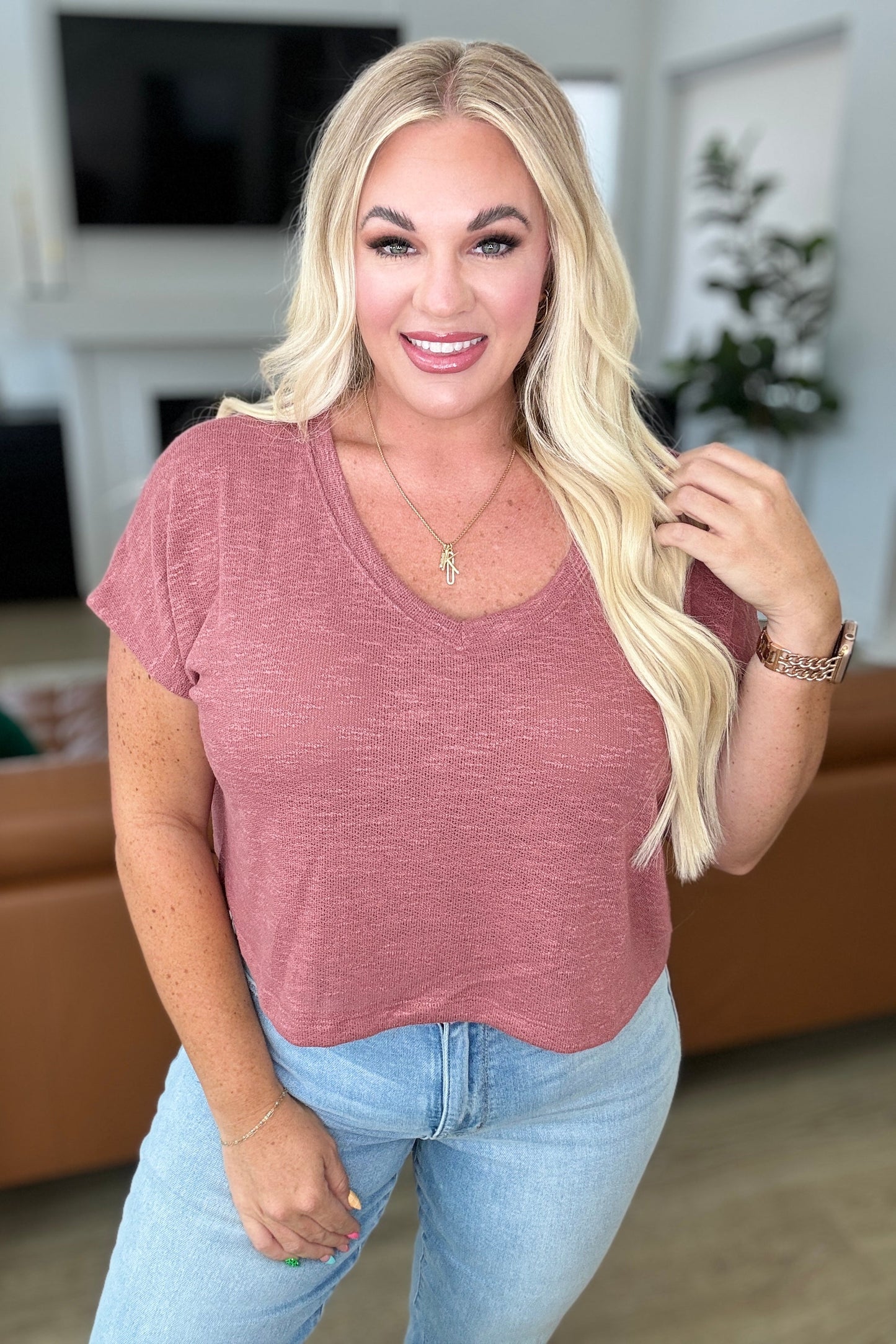 Zenana Classic Comfort V-Neck Top in Winter Rose