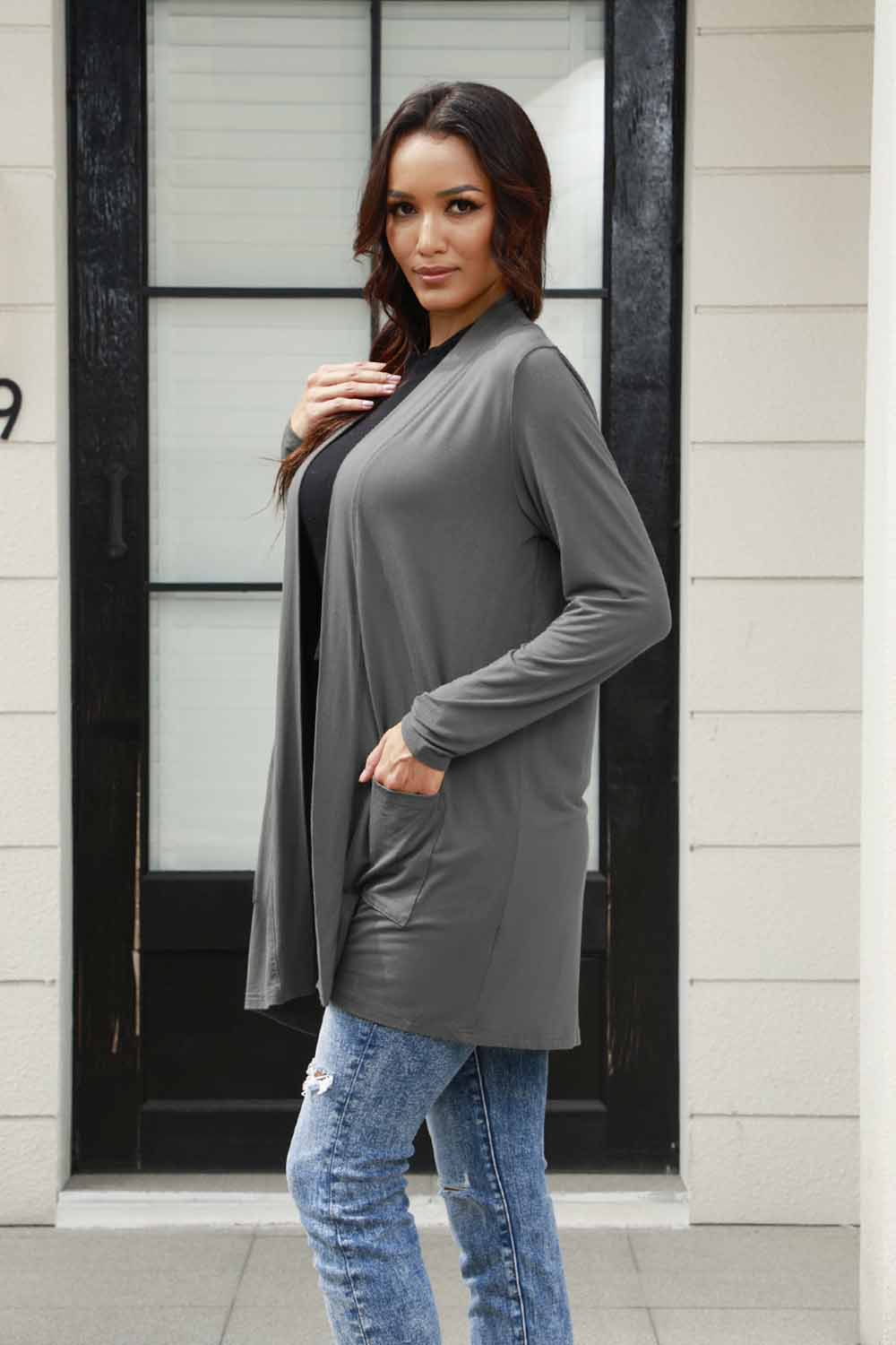 FINAL SALE- Basic Bae Open Front Long Sleeve Cardigan with Pockets