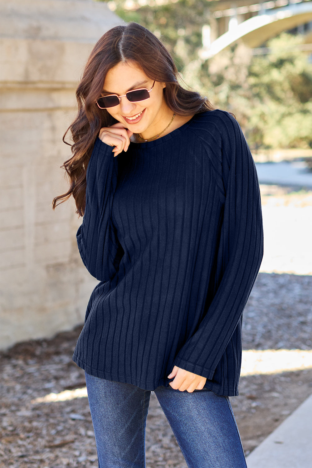 Basic Bae Ribbed Round Neck Long Sleeve Knit Top