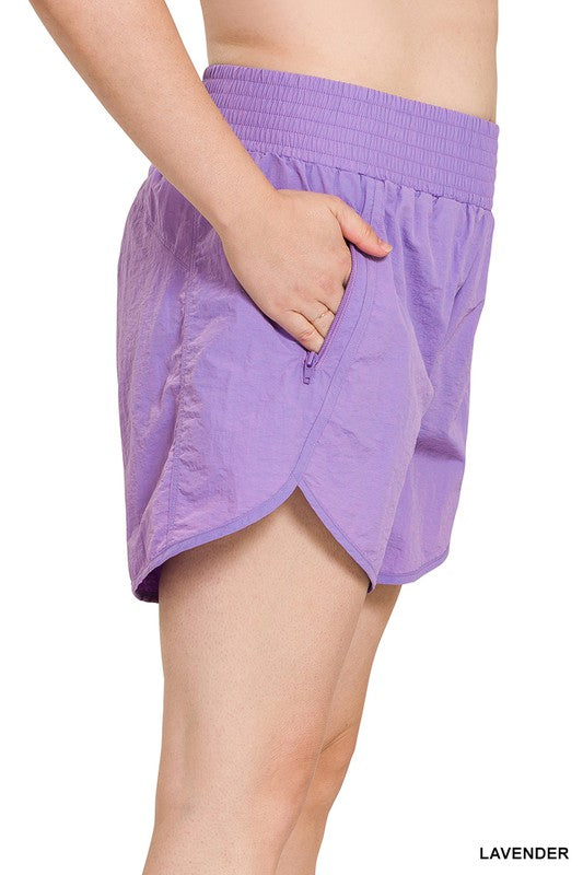 Zenana Windbreaker Smocked Waistband Running Shorts