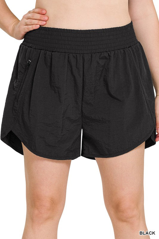 Zenana Windbreaker Smocked Waistband Running Shorts