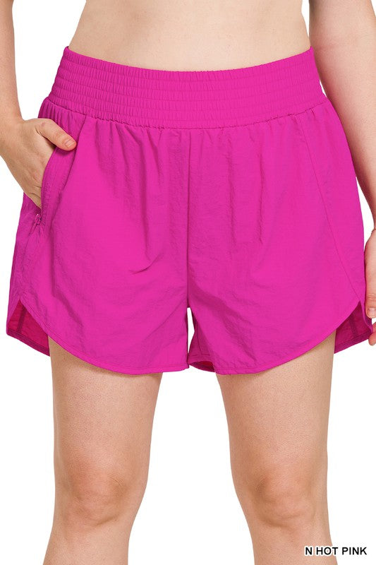 Zenana Windbreaker Smocked Waistband Running Shorts