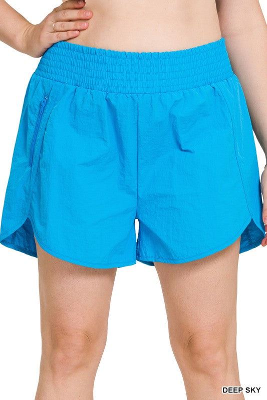 Zenana Windbreaker Smocked Waistband Running Shorts