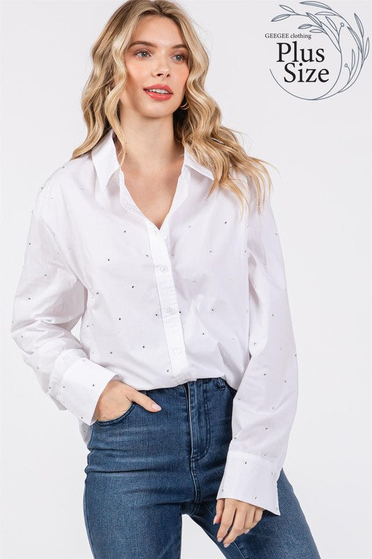 Plus Rhinestone Button Up Shirt