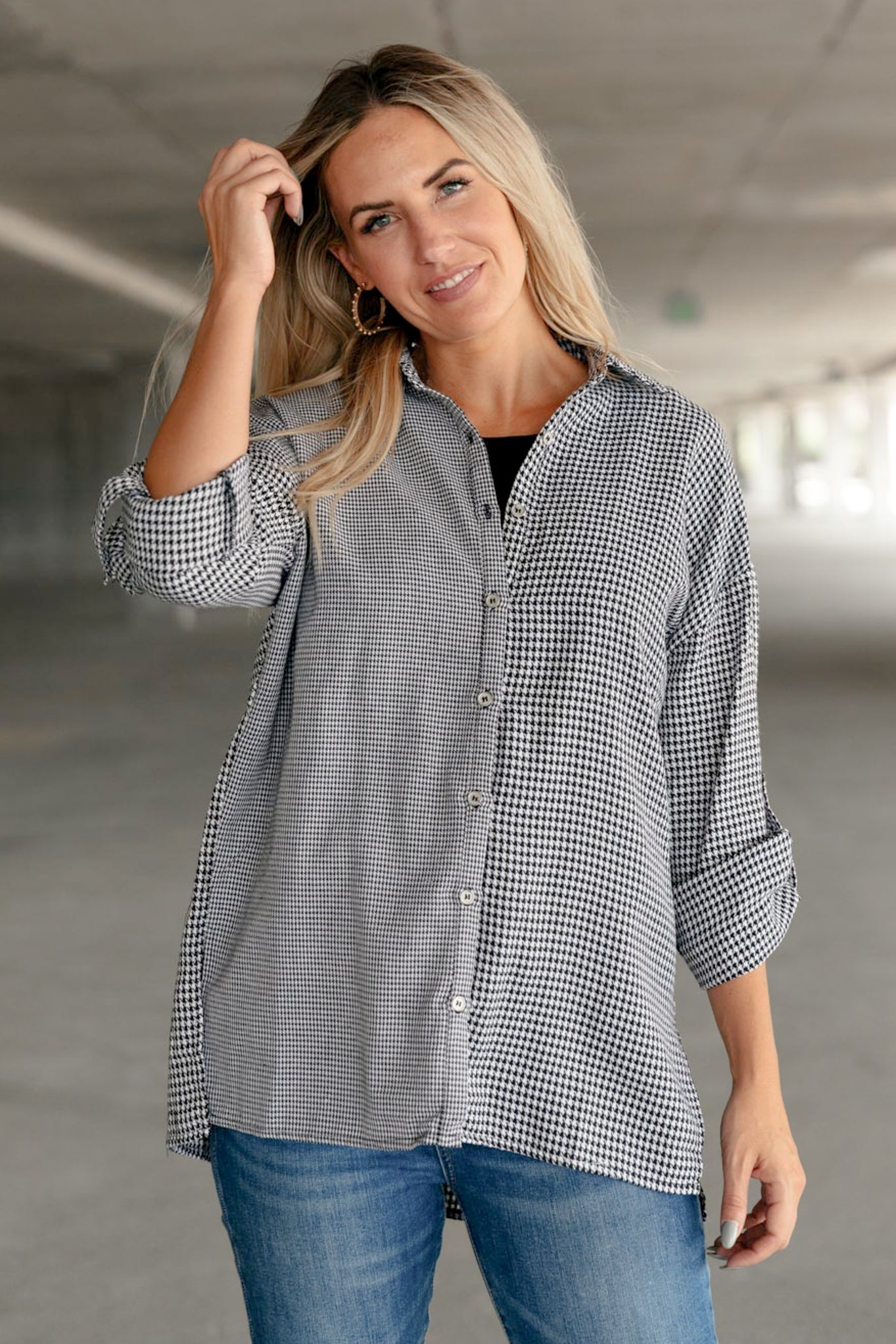 FINAL SALE- Mixed Houndstooth Button Up Top