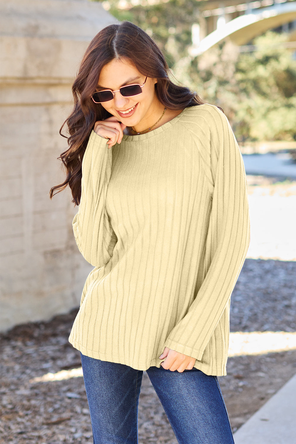 Basic Bae Ribbed Round Neck Long Sleeve Knit Top