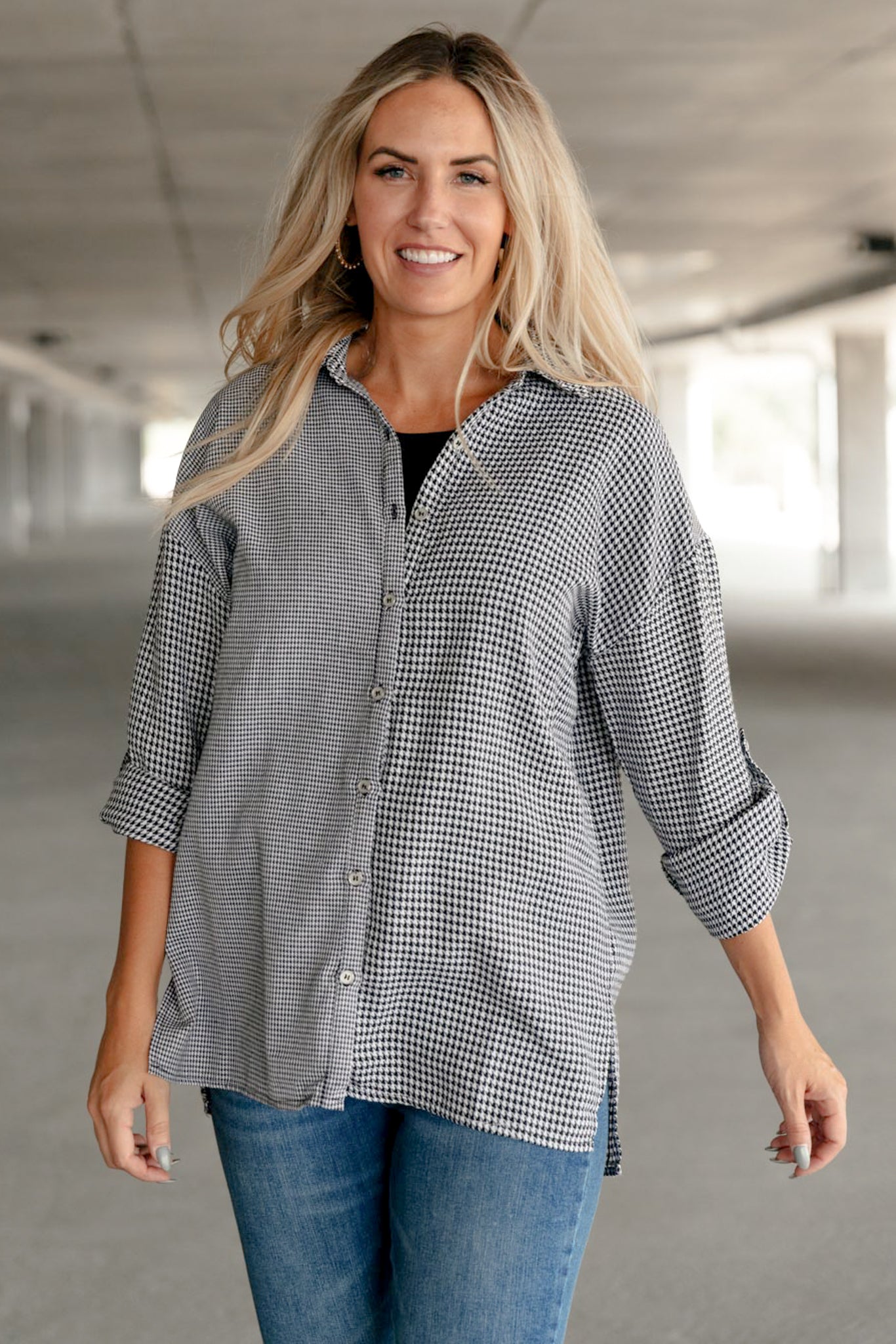 FINAL SALE- Mixed Houndstooth Button Up Top