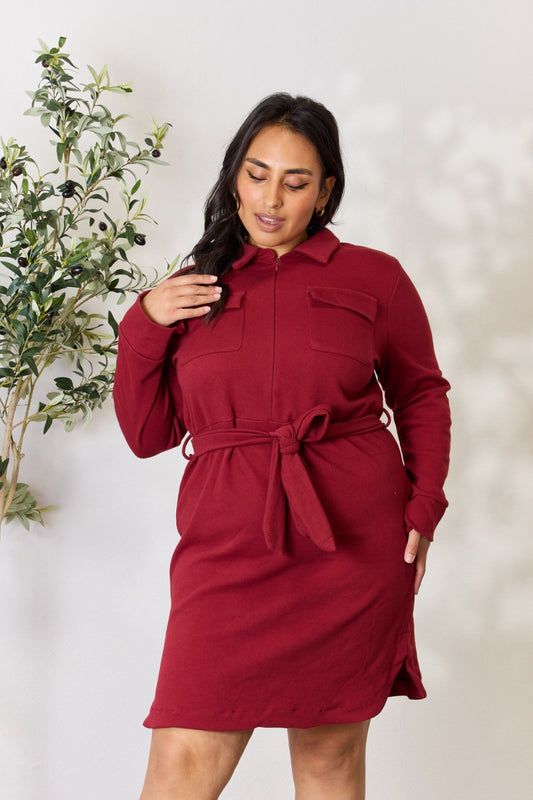 FINAL SALE- Culture Code Full Size Tie Front Half Zip Long Sleeve Shirt Dress