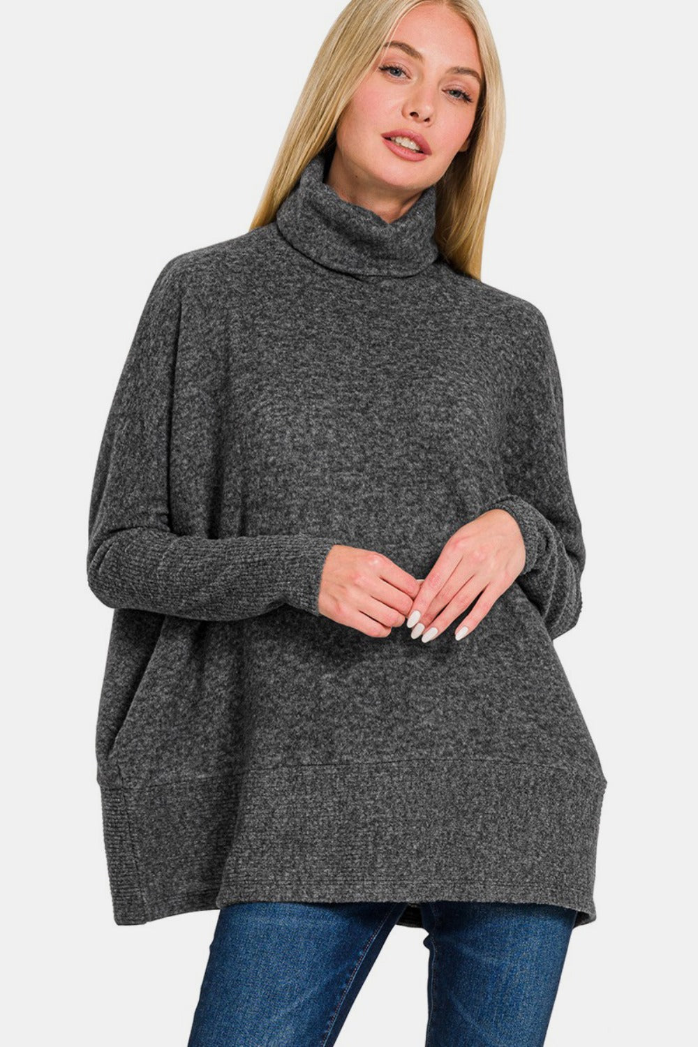 Zenana Brushed Melange Hacci Turtleneck Sweater