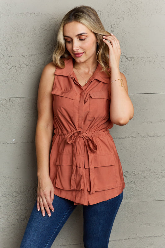 FINAL SALE- Ninexis Follow The Light Sleeveless Collared Button Down Top