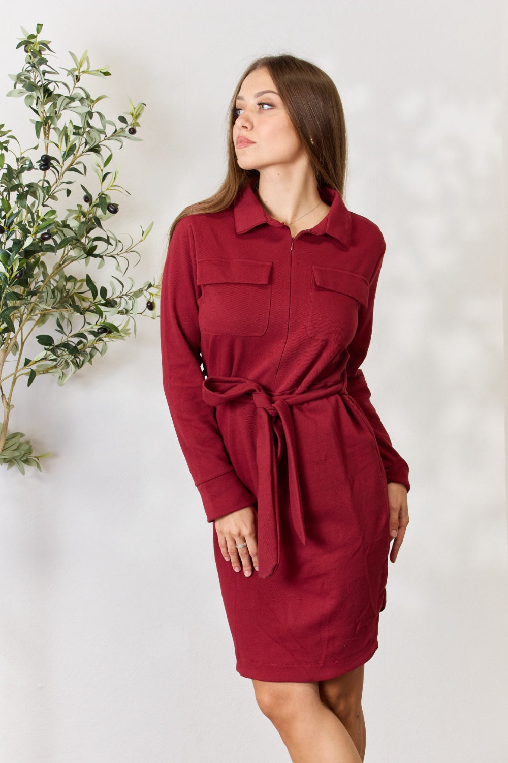 FINAL SALE- Culture Code Full Size Tie Front Half Zip Long Sleeve Shirt Dress