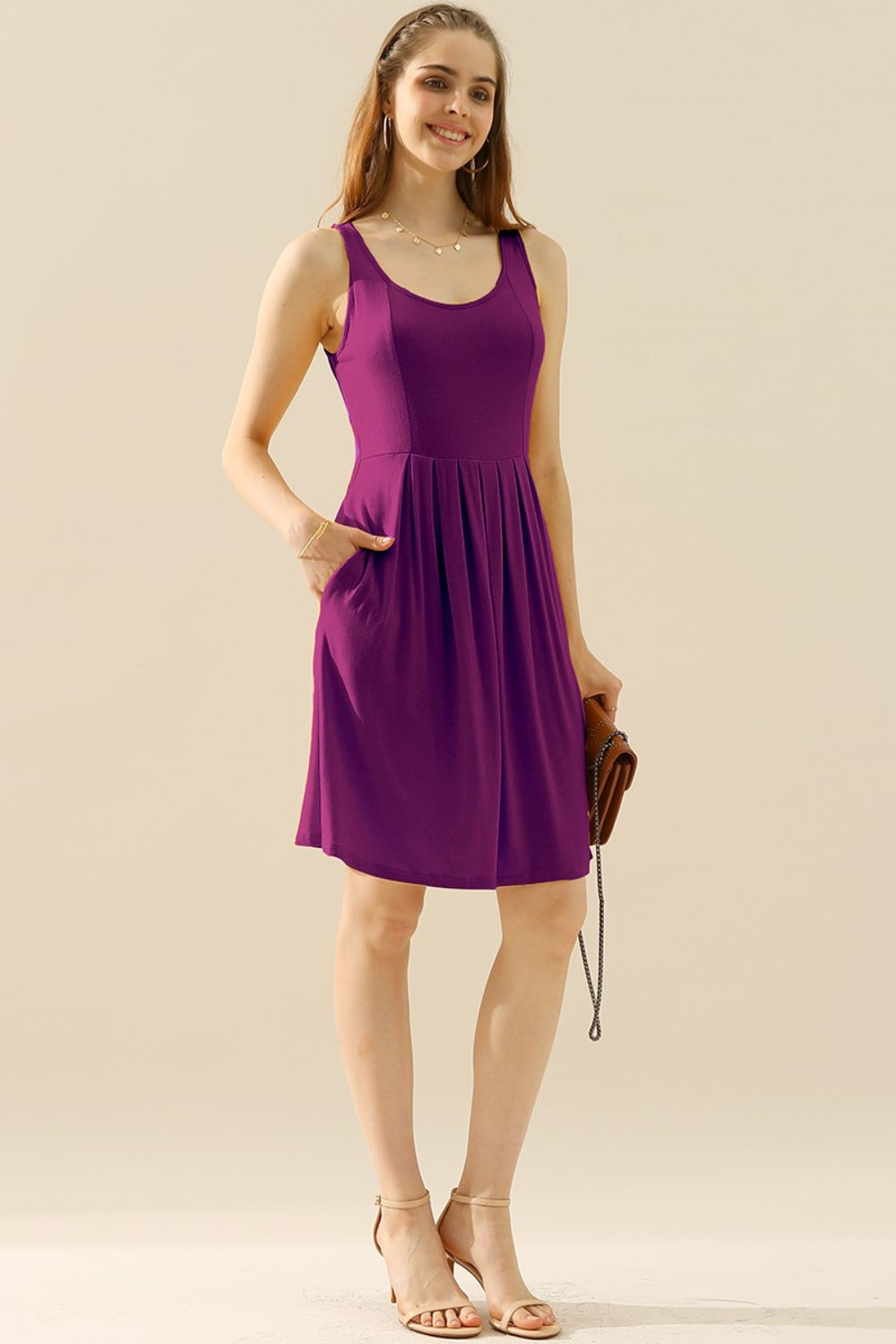 FINAL SALE- Doublju Full Size Round Neck Ruched Sleeveless Dress with Pockets