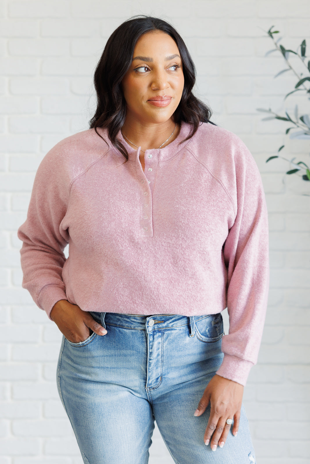 Zenana Keeping it Real Brushed Melange Hacci Long Sleeve Tee in Light Rose