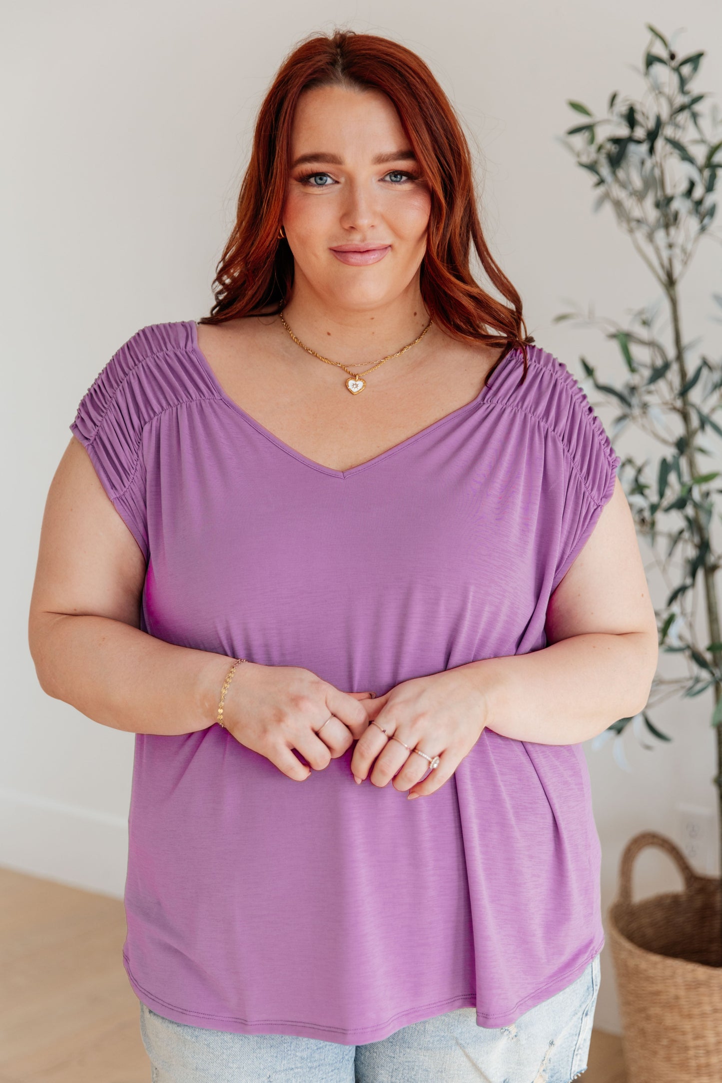 Dear Scarlett Ruched Cap Sleeve Top in Lavender