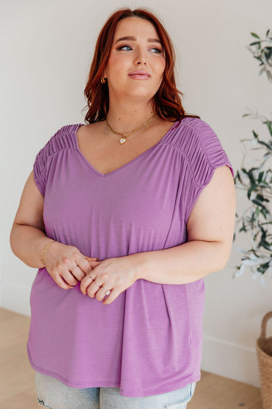 Dear Scarlett Ruched Cap Sleeve Top in Lavender