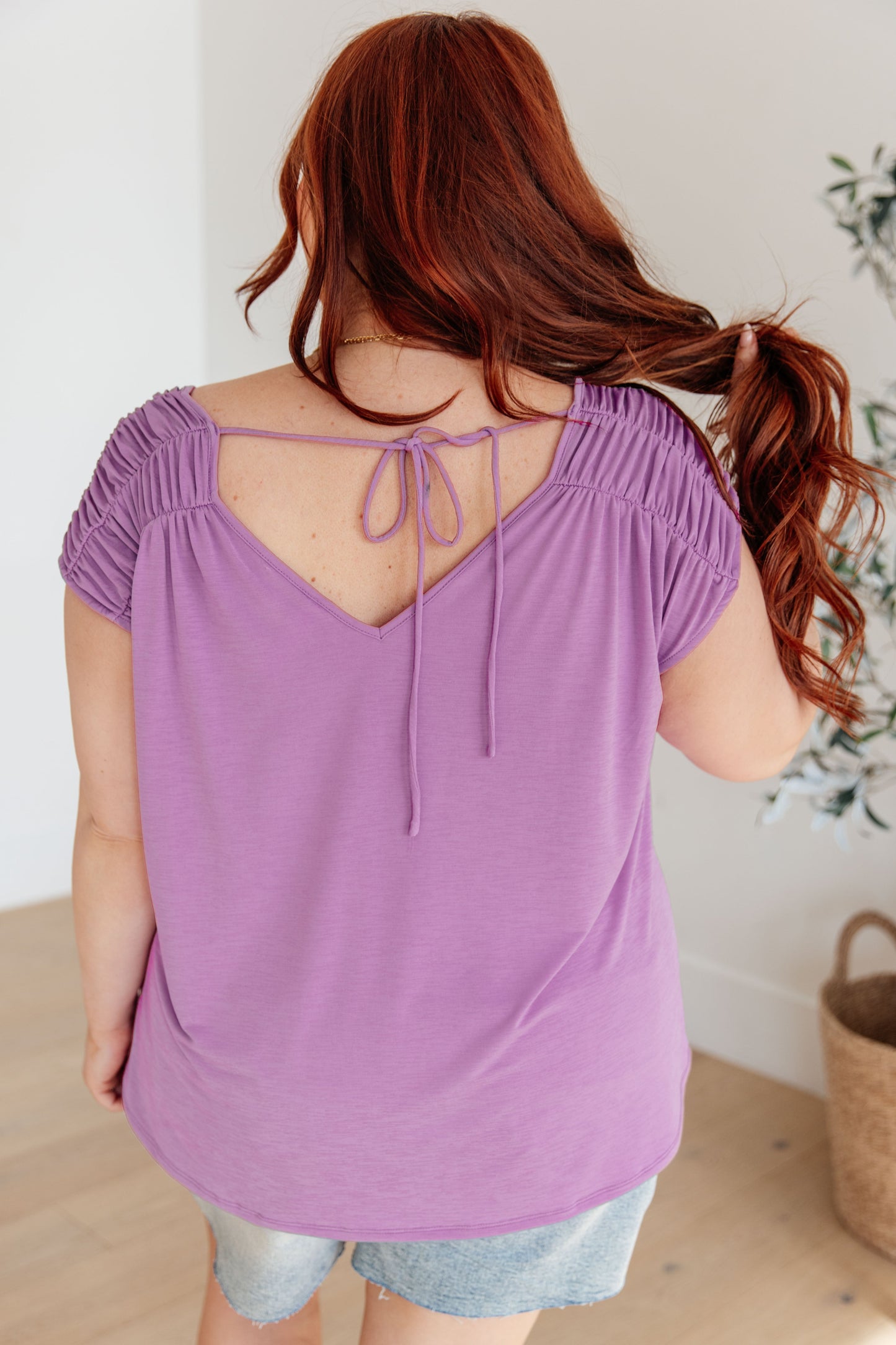 Dear Scarlett Ruched Cap Sleeve Top in Lavender