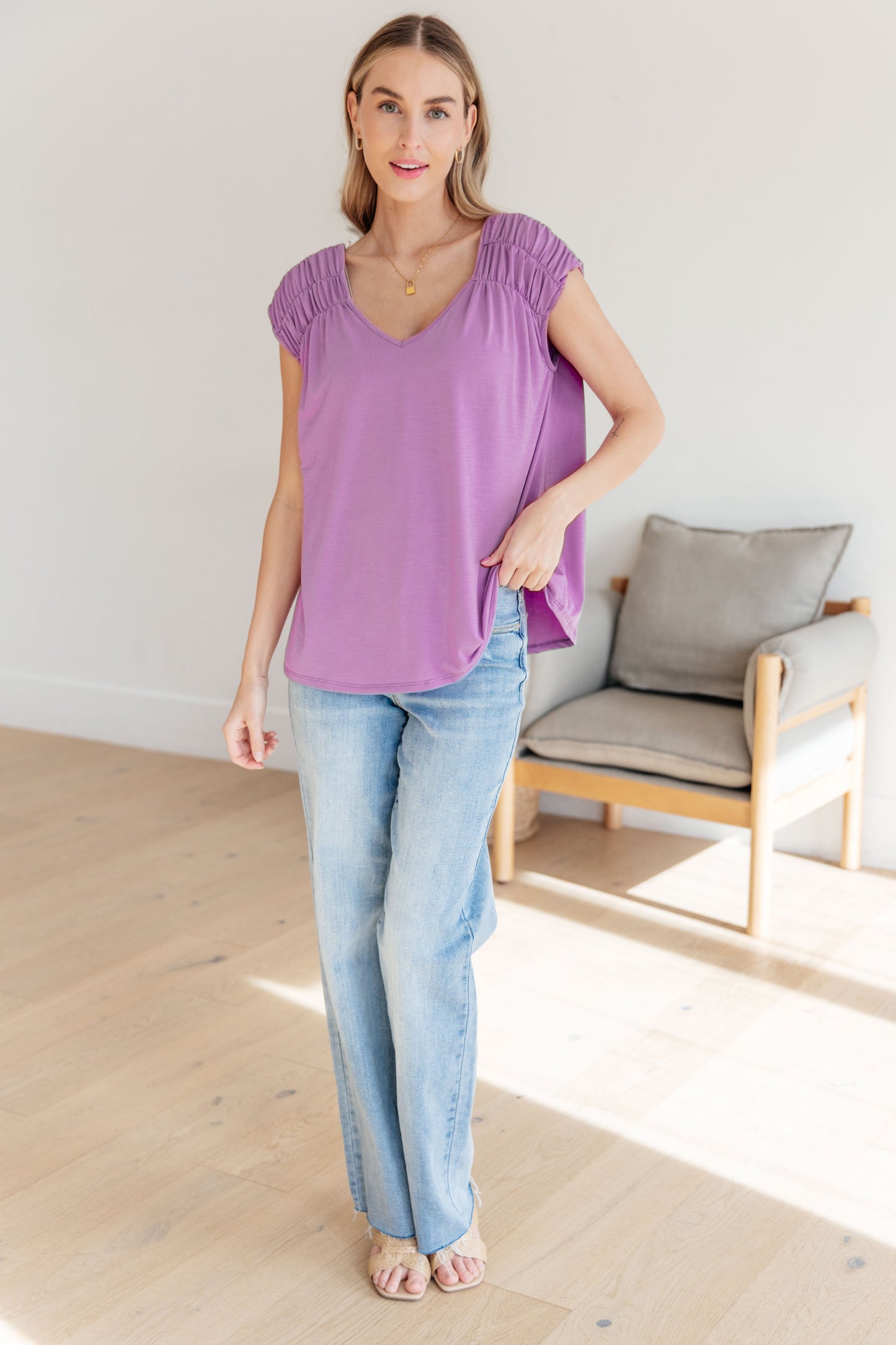 Dear Scarlett Ruched Cap Sleeve Top in Lavender