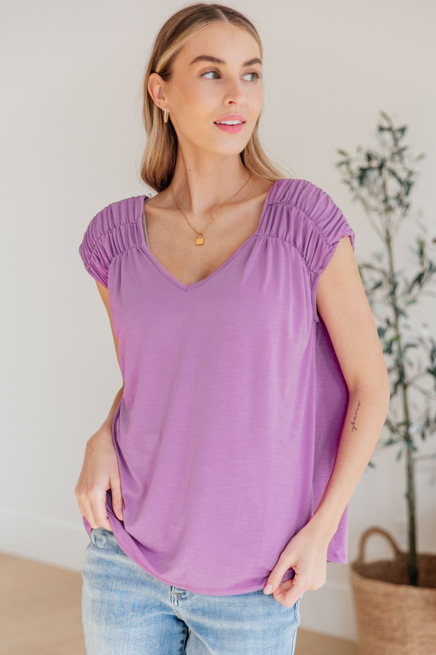 Dear Scarlett Ruched Cap Sleeve Top in Lavender