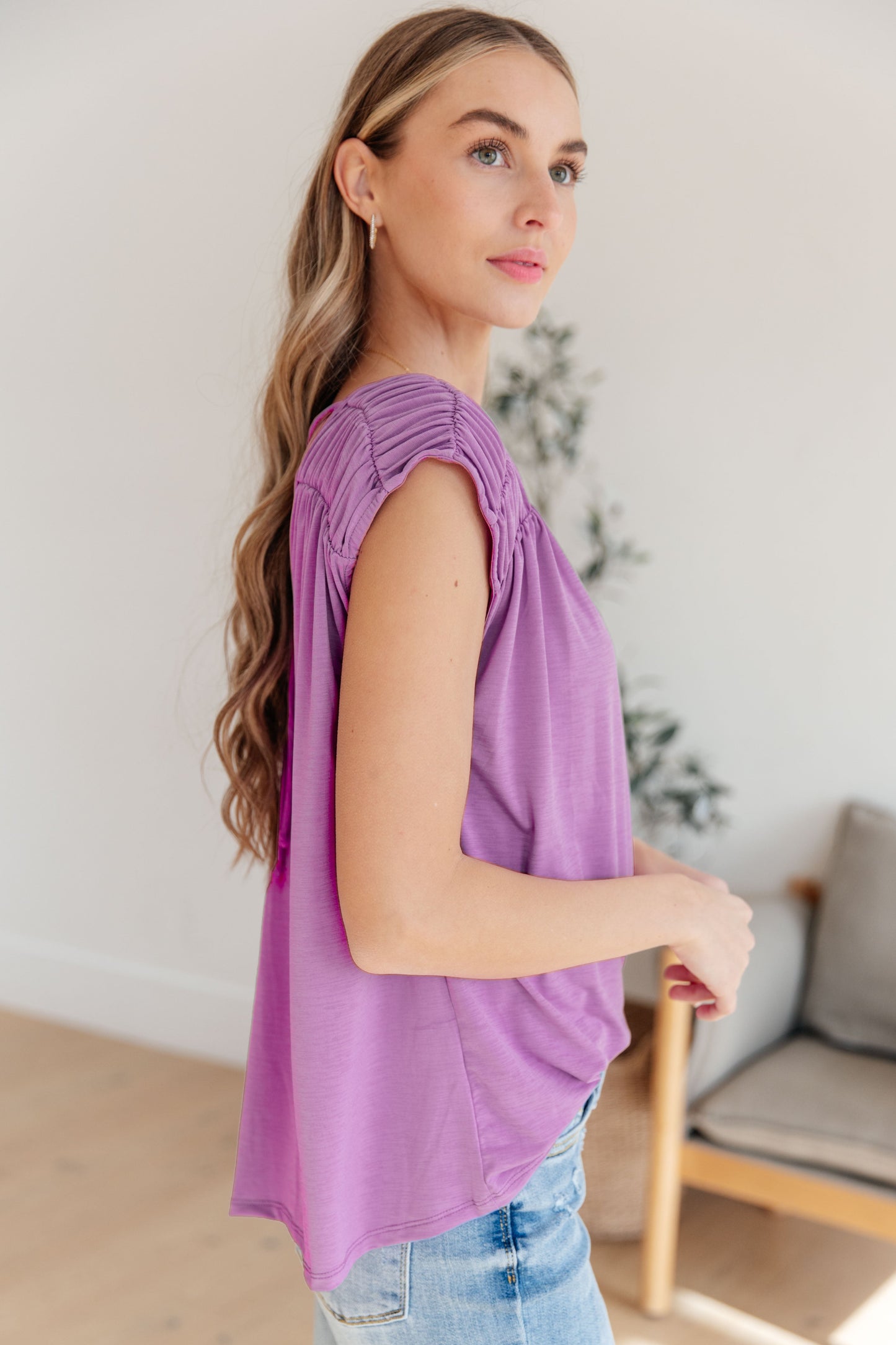 Dear Scarlett Ruched Cap Sleeve Top in Lavender