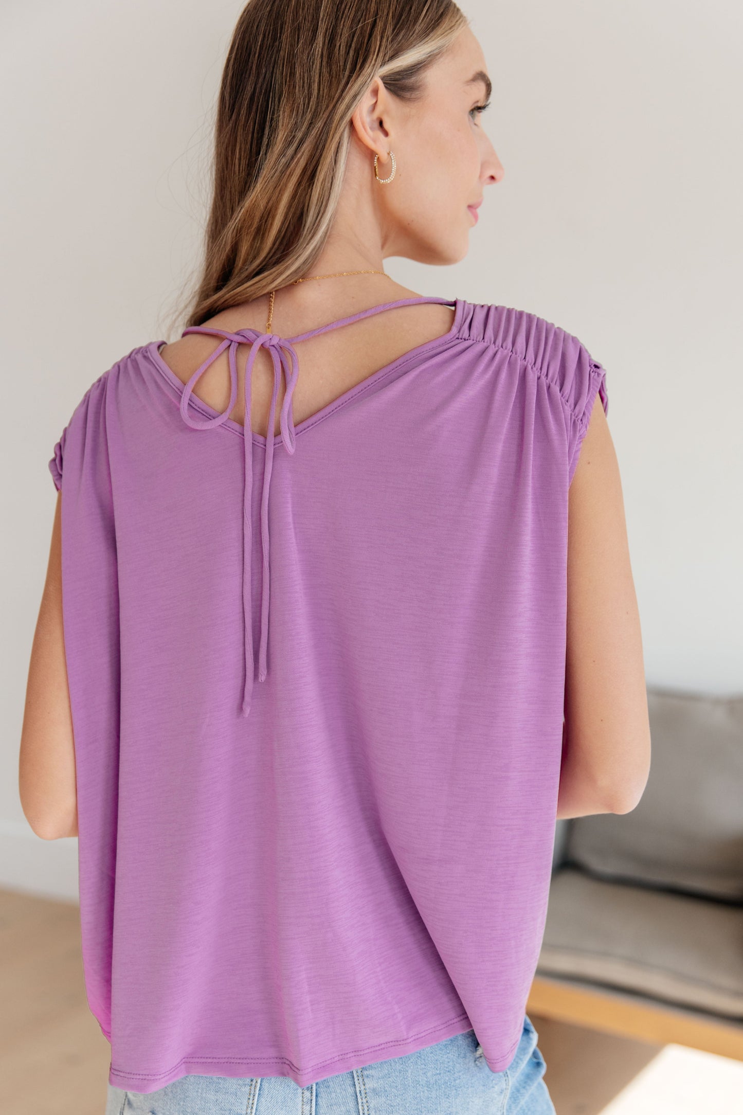 Dear Scarlett Ruched Cap Sleeve Top in Lavender