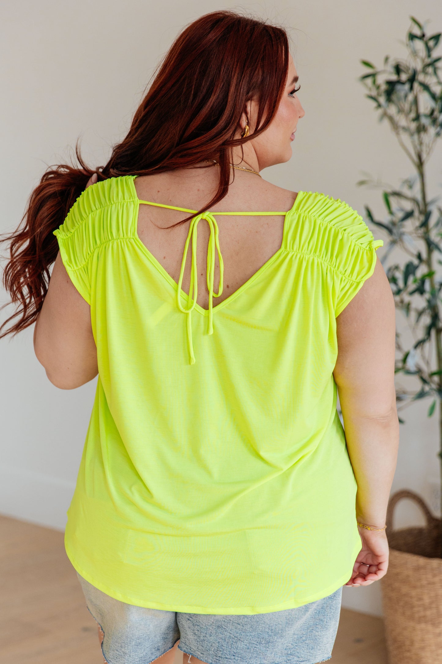 Dear Scarlett Ruched Cap Sleeve Top in Neon Green