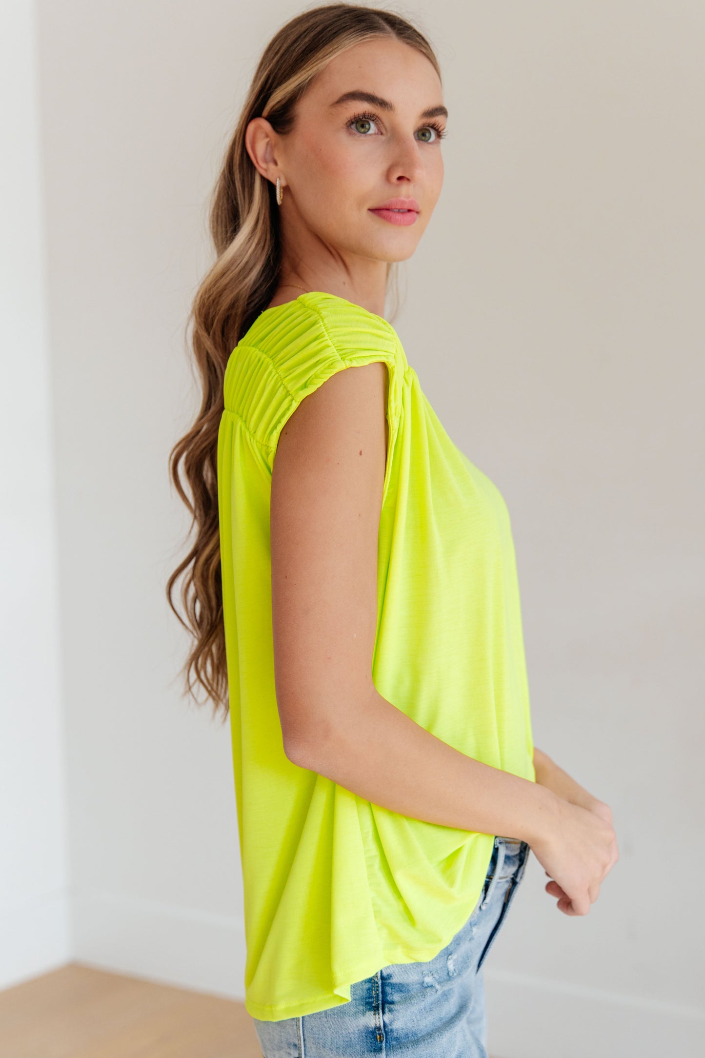 Dear Scarlett Ruched Cap Sleeve Top in Neon Green