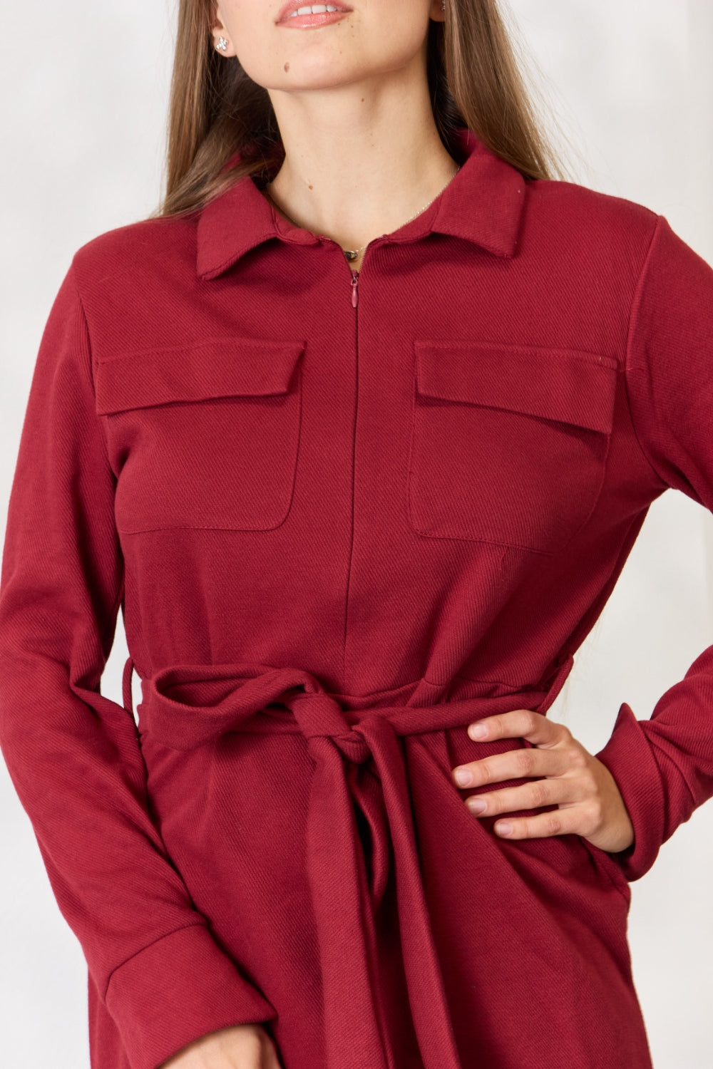 FINAL SALE- Culture Code Full Size Tie Front Half Zip Long Sleeve Shirt Dress