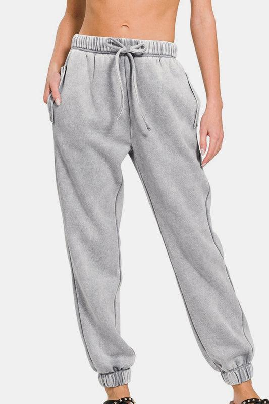 Zenana Acid Wash Fleece Drawstring Sweatpants with Pockets