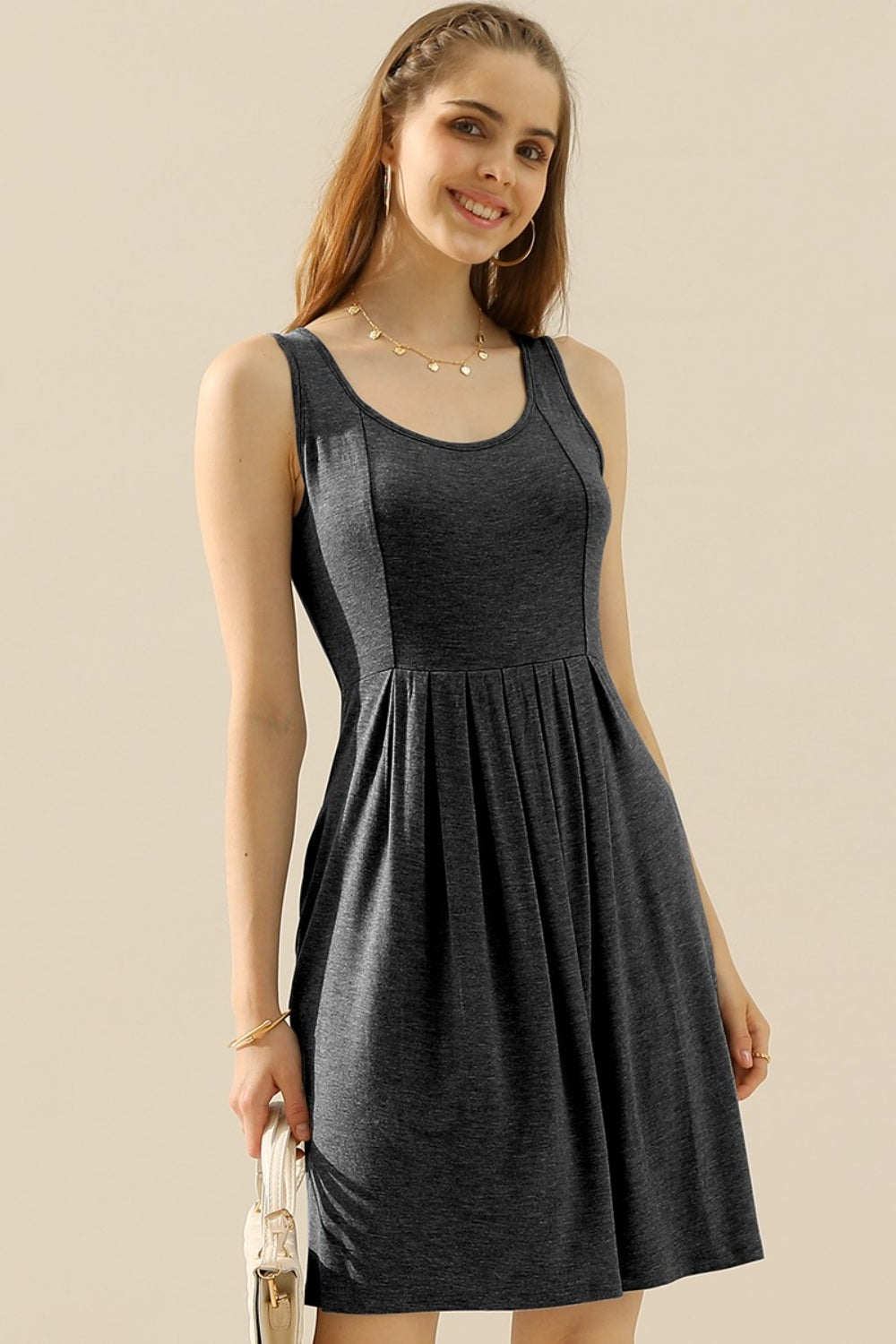 FINAL SALE- Doublju Full Size Round Neck Ruched Sleeveless Dress with Pockets