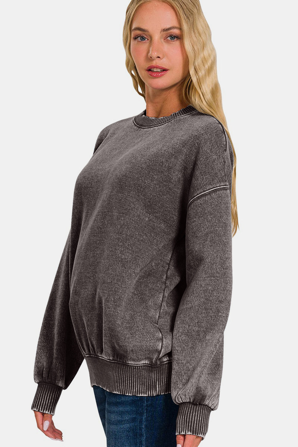 Zenana Acid Wash Fleece Long Sleeve Sweatshirt